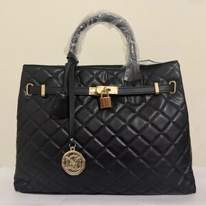 Badgley Mischka Black Quilted Satchel with Gold Accents
